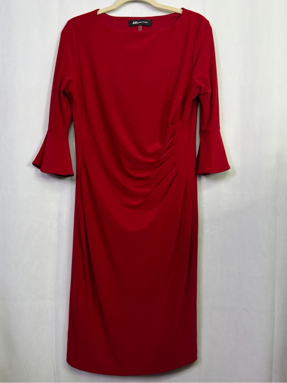 Anne Klein Red Midi Lined Bell Sleeve Side Rushed Dress